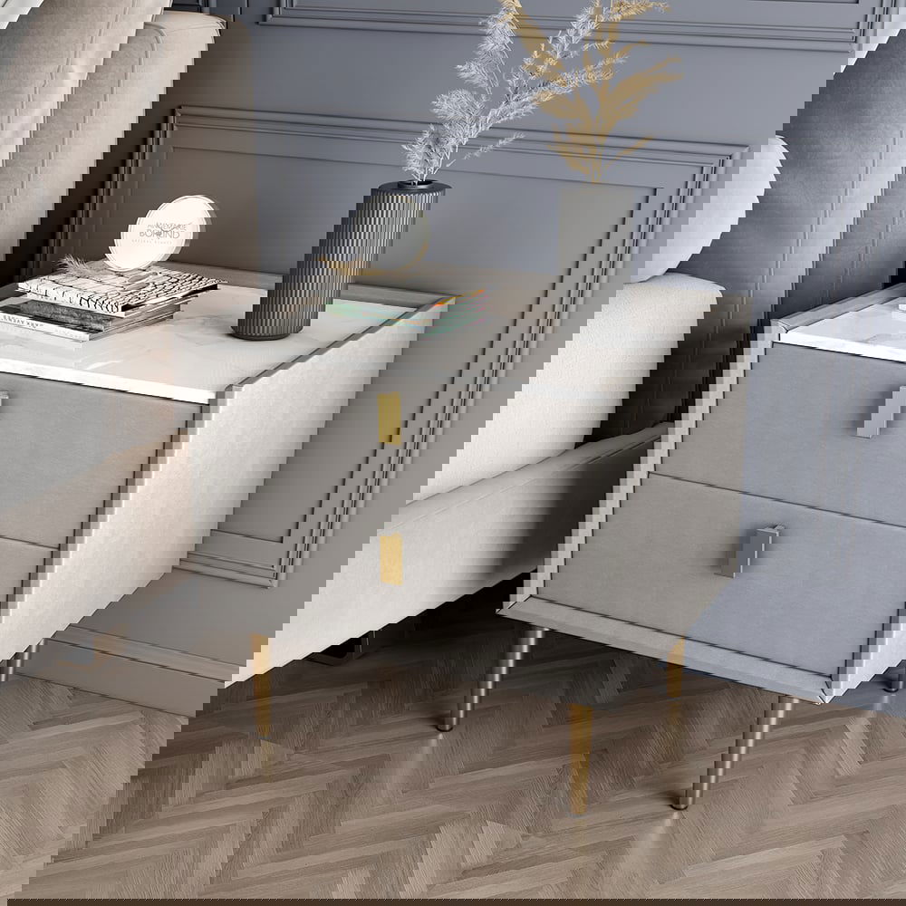 Modern Nightstand with 2 Drawers PU Leather Nightstand in Light Gray - 