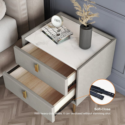 Modern Nightstand with 2 Drawers PU Leather Nightstand in Light Gray - 