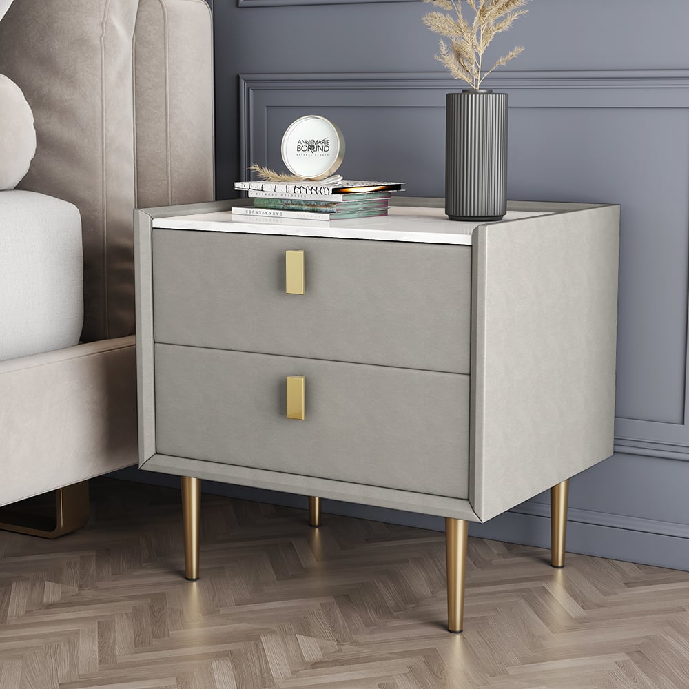 Modern Nightstand with 2 Drawers PU Leather Nightstand in Light Gray - Homary