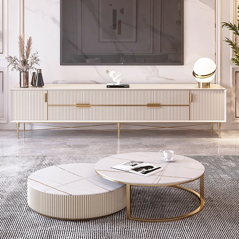 Modern Off White TV Stand for 2159mm TVs with 4 Drawers & Doors MDF - 