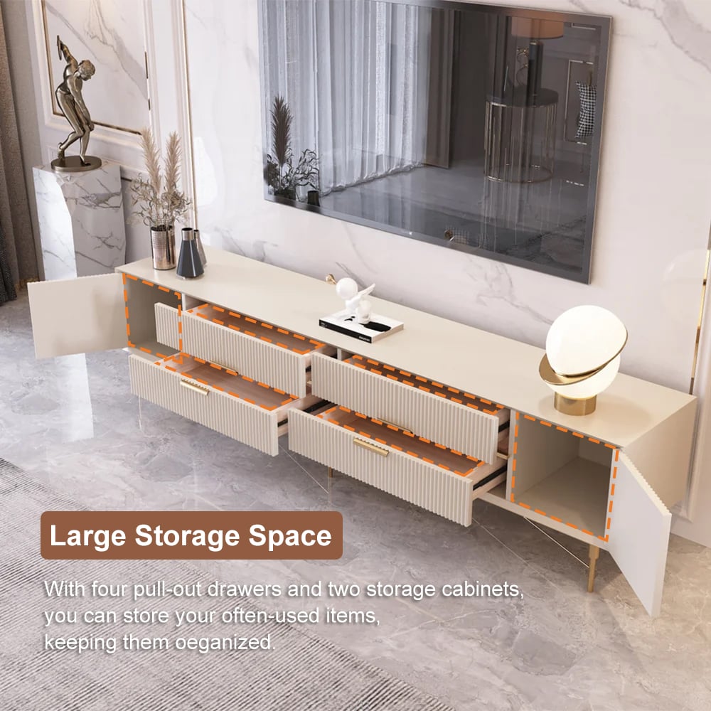 Modern Off White TV Stand for 2159mm TVs with 4 Drawers & Doors MDF - 