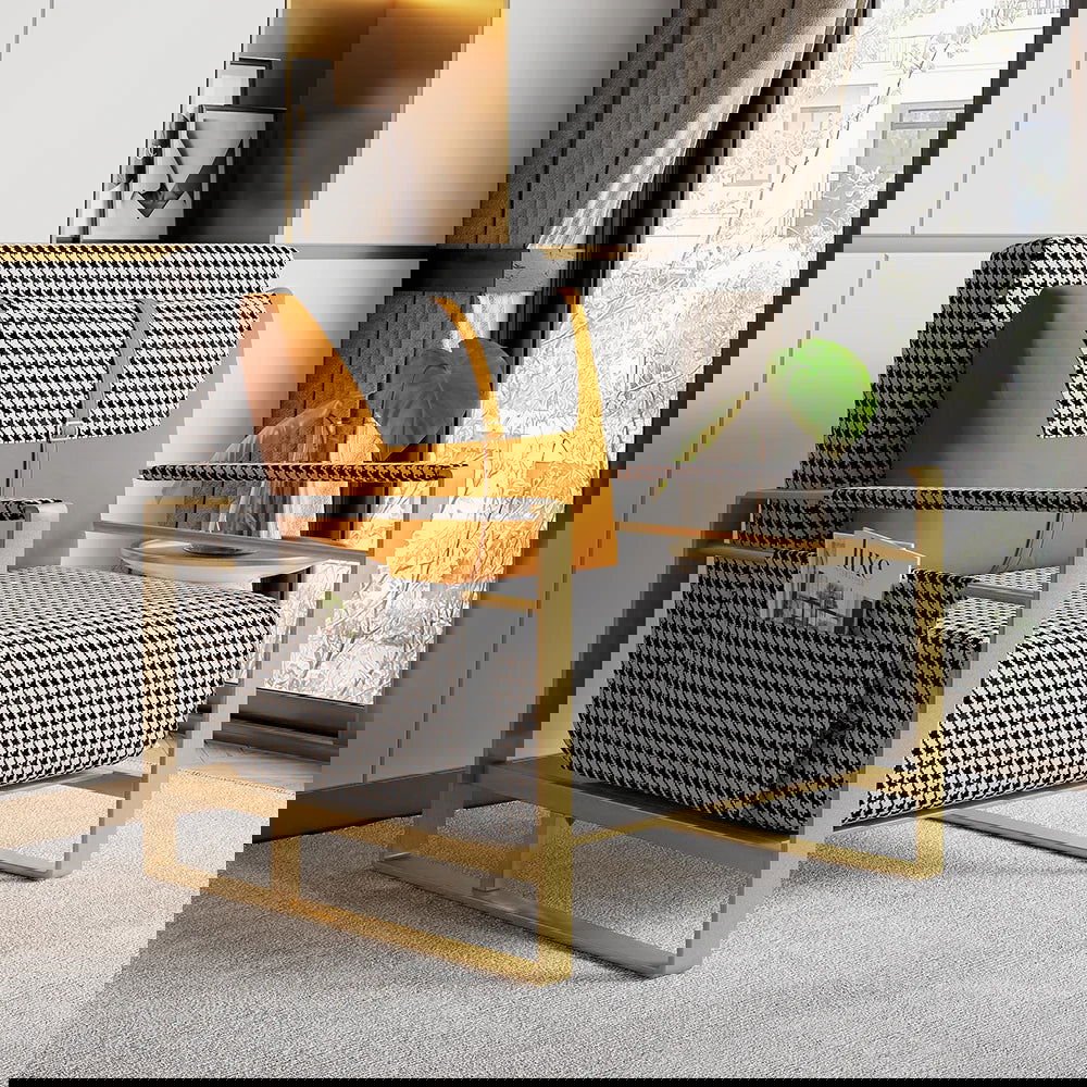 Modern Orange Houndstooth Single Sofabed Convertible Sleeper with Side Storage - 