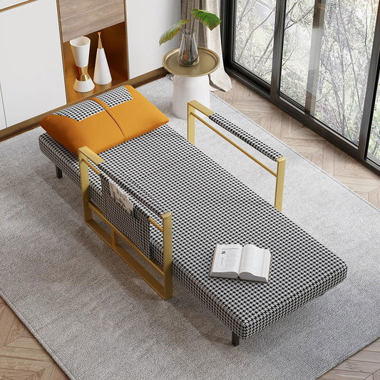 Modern Orange Houndstooth Single Sofabed Convertible Sleeper with Side Storage - Homary