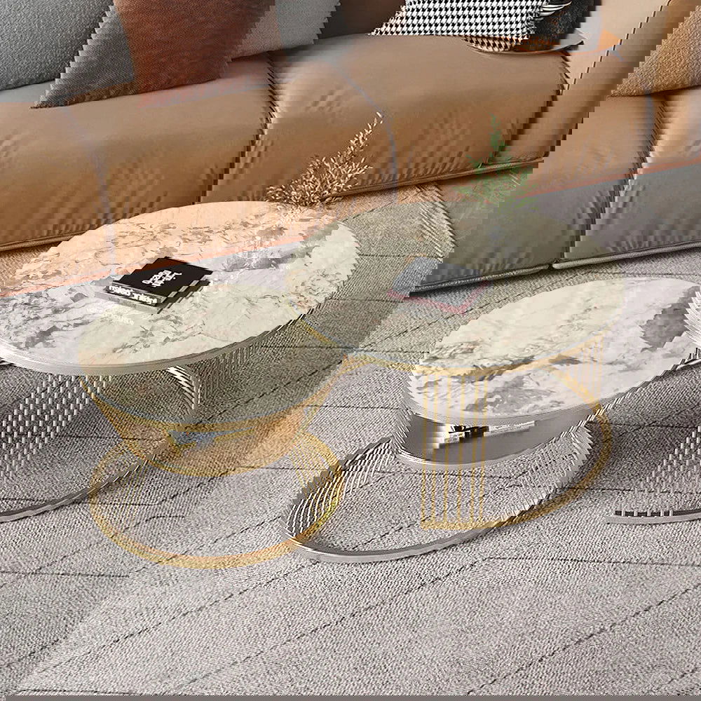 Modern Pandora Nesting Coffee Table Set with Sintered Stone Top 2-Piece Table Set - 