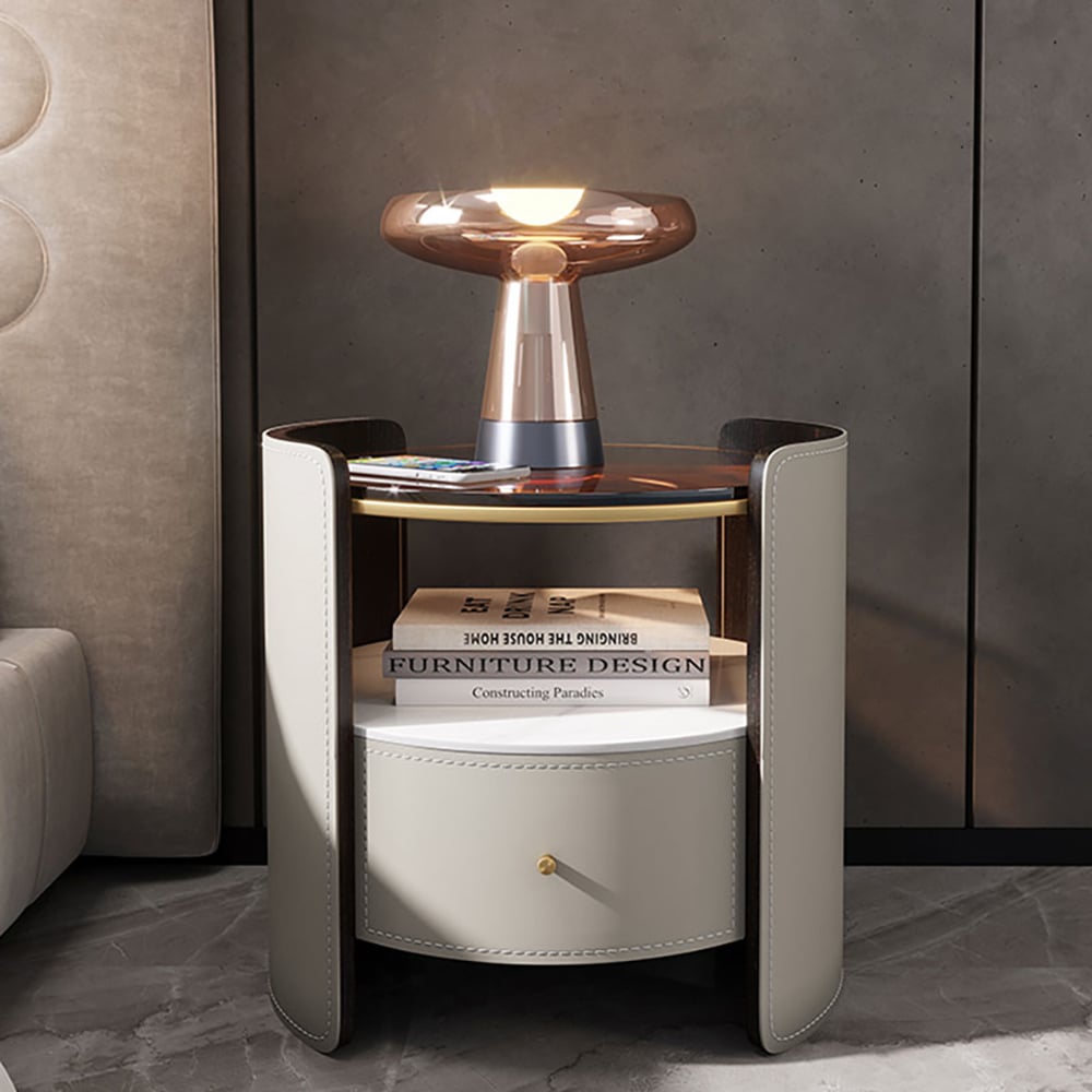 Modern Round Grey Leather Nightstand with Glass Top & Sintered Stone Bedside with Shelf - 