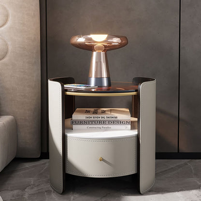 Modern Round Grey Leather Nightstand with Glass Top & Sintered Stone Bedside with Shelf - 