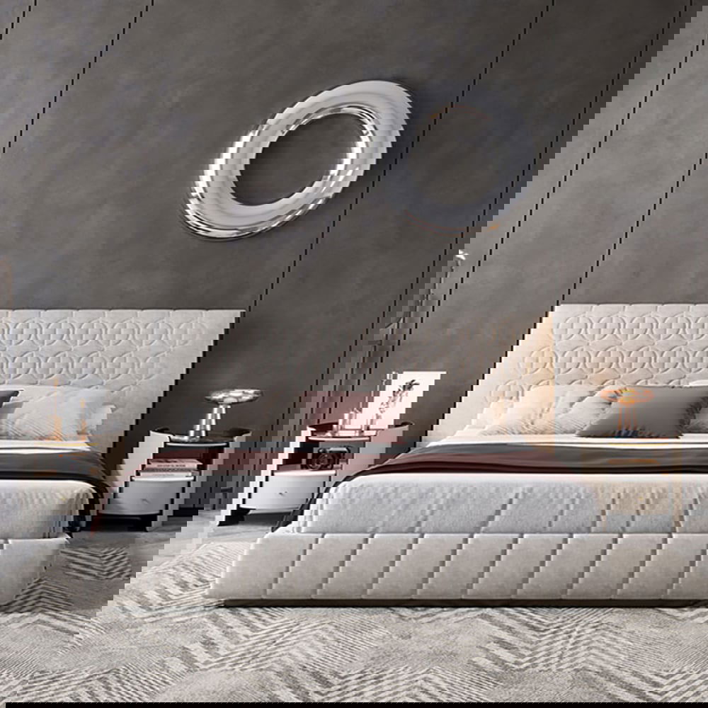 Modern Round Grey Leather Nightstand with Glass Top & Sintered Stone Bedside with Shelf - 