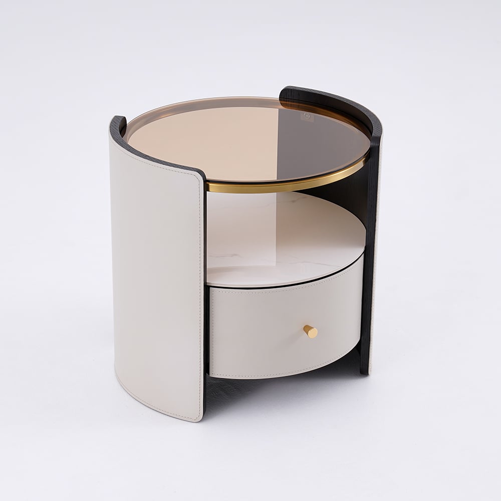 Modern Round Grey Leather Nightstand with Glass Top & Sintered Stone Bedside with Shelf - 