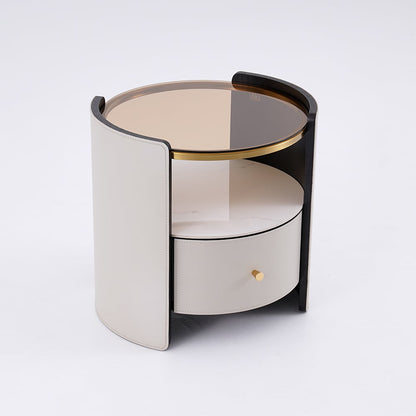 Modern Round Grey Leather Nightstand with Glass Top & Sintered Stone Bedside with Shelf - 