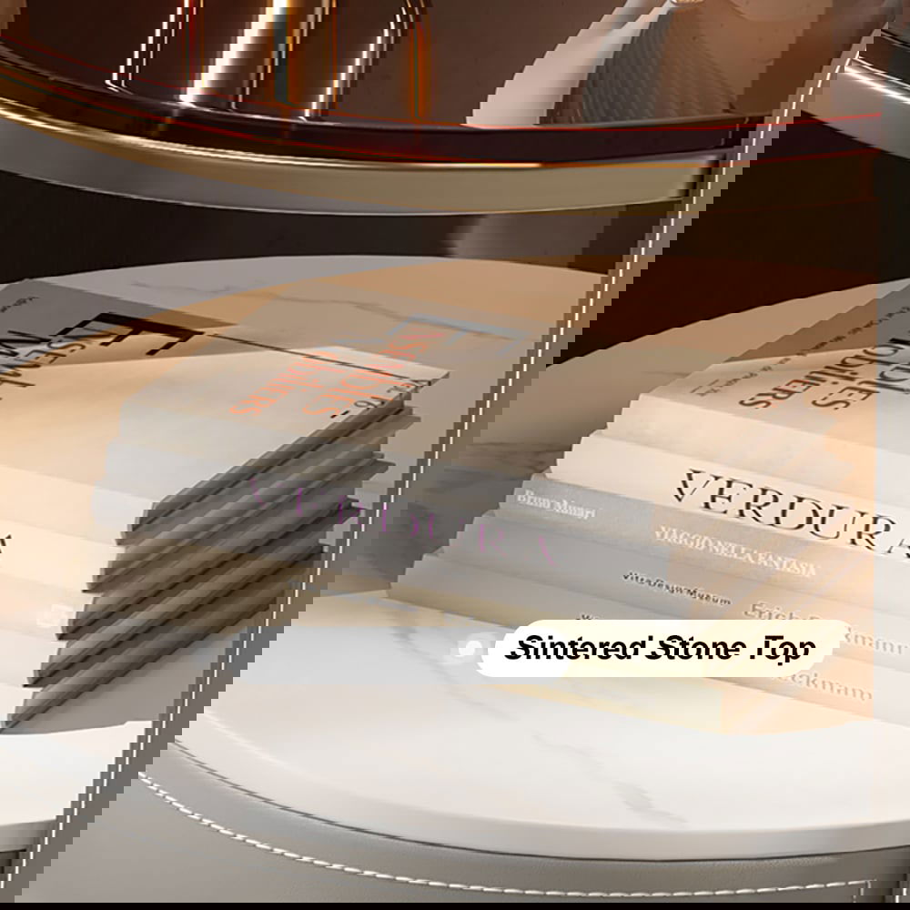 Modern Round Grey Leather Nightstand with Glass Top & Sintered Stone Bedside with Shelf - 