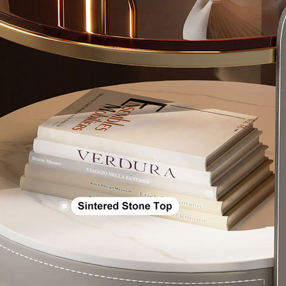 Modern Round Grey Leather Nightstand with Glass Top & Sintered Stone Bedside with Shelf - 