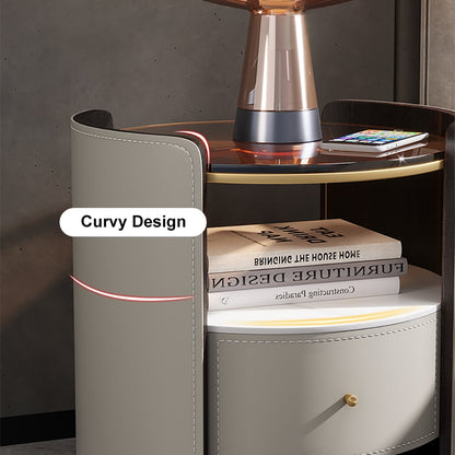Modern Round Grey Leather Nightstand with Glass Top & Sintered Stone Bedside with Shelf - 