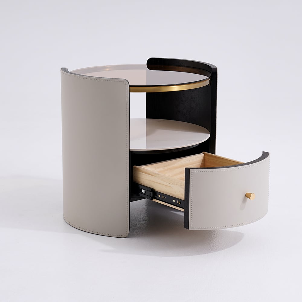 Modern Round Grey Leather Nightstand with Glass Top & Sintered Stone Bedside with Shelf - 
