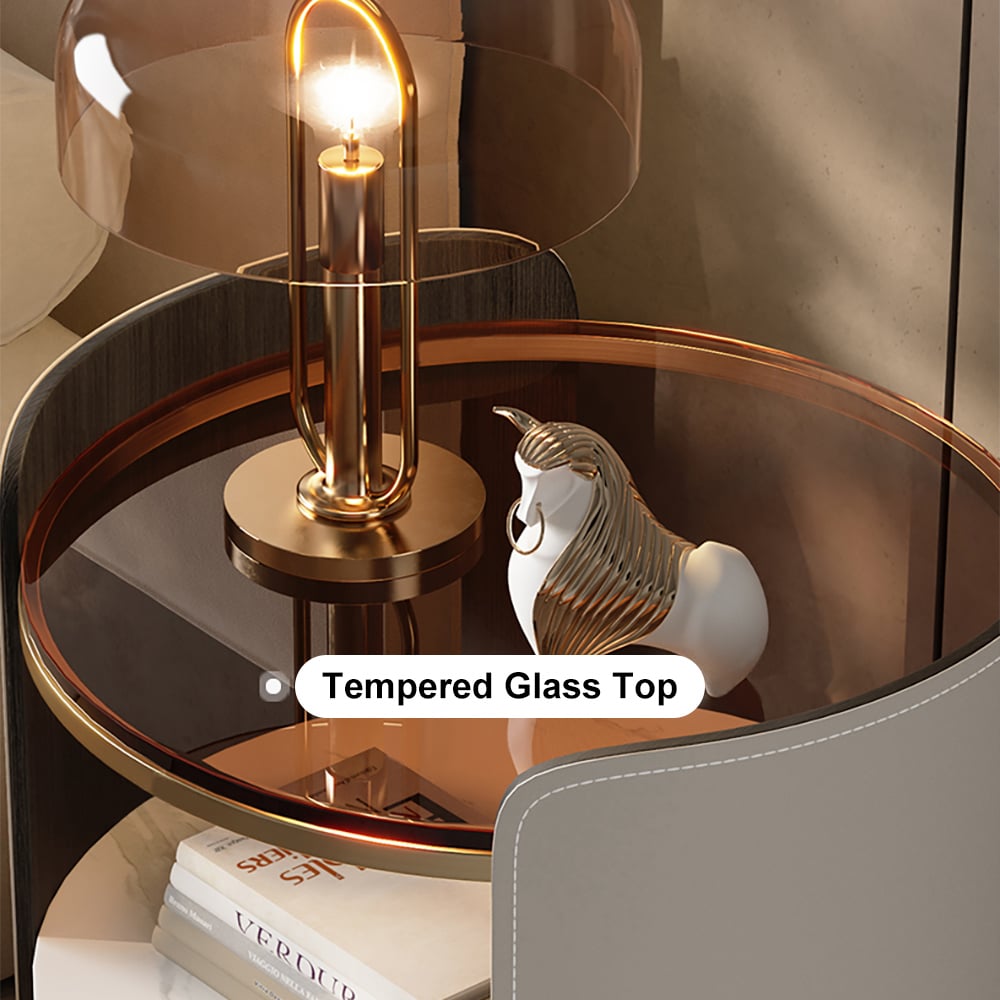 Modern Round Grey Leather Nightstand with Glass Top & Sintered Stone Bedside with Shelf - 