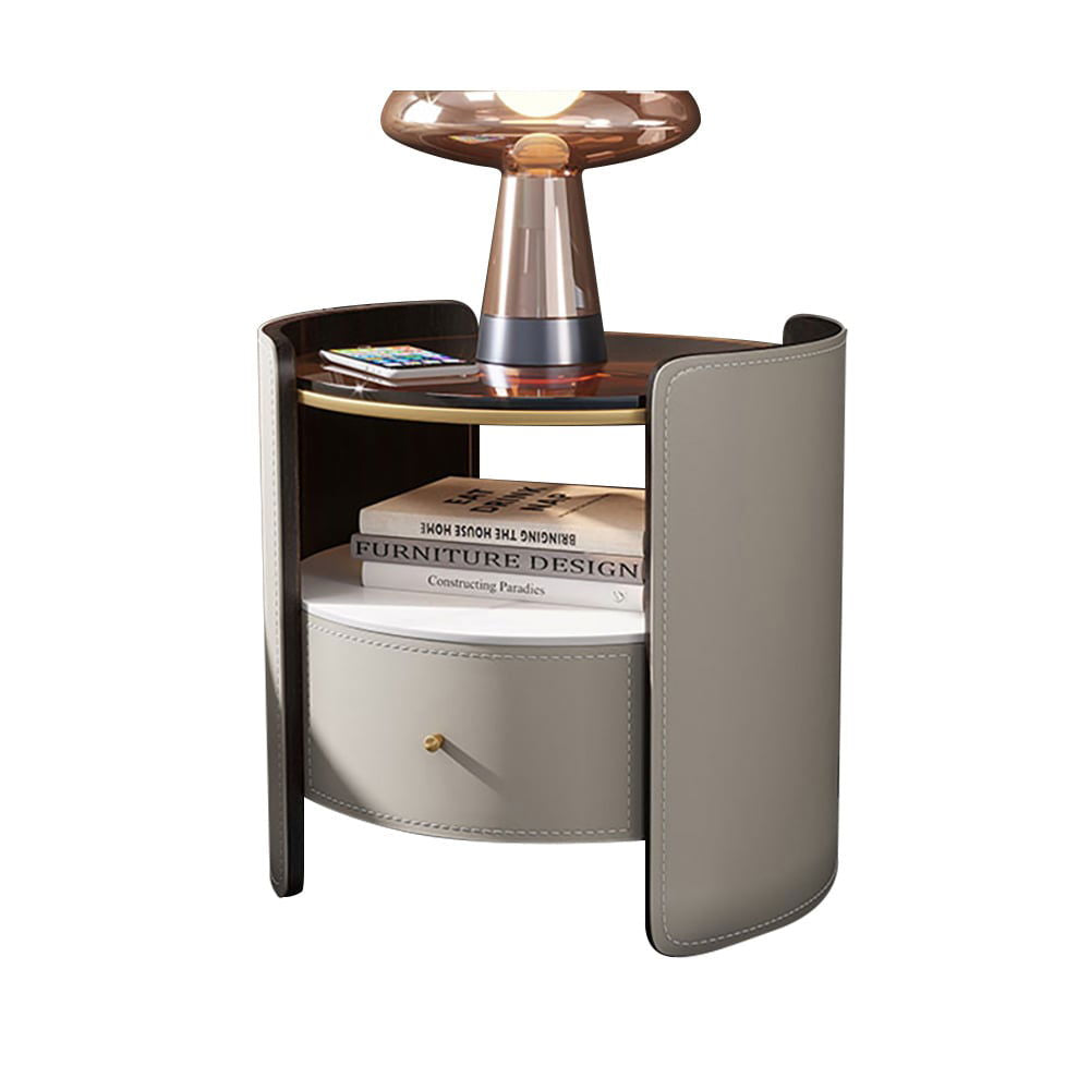 Modern Round Grey Leather Nightstand with Glass Top & Sintered Stone Bedside with Shelf - 