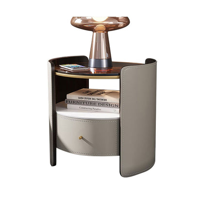Modern Round Grey Leather Nightstand with Glass Top & Sintered Stone Bedside with Shelf - 