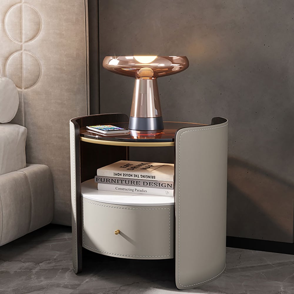 Modern Round Grey Leather Nightstand with Glass Top & Sintered Stone Bedside with Shelf - Homary