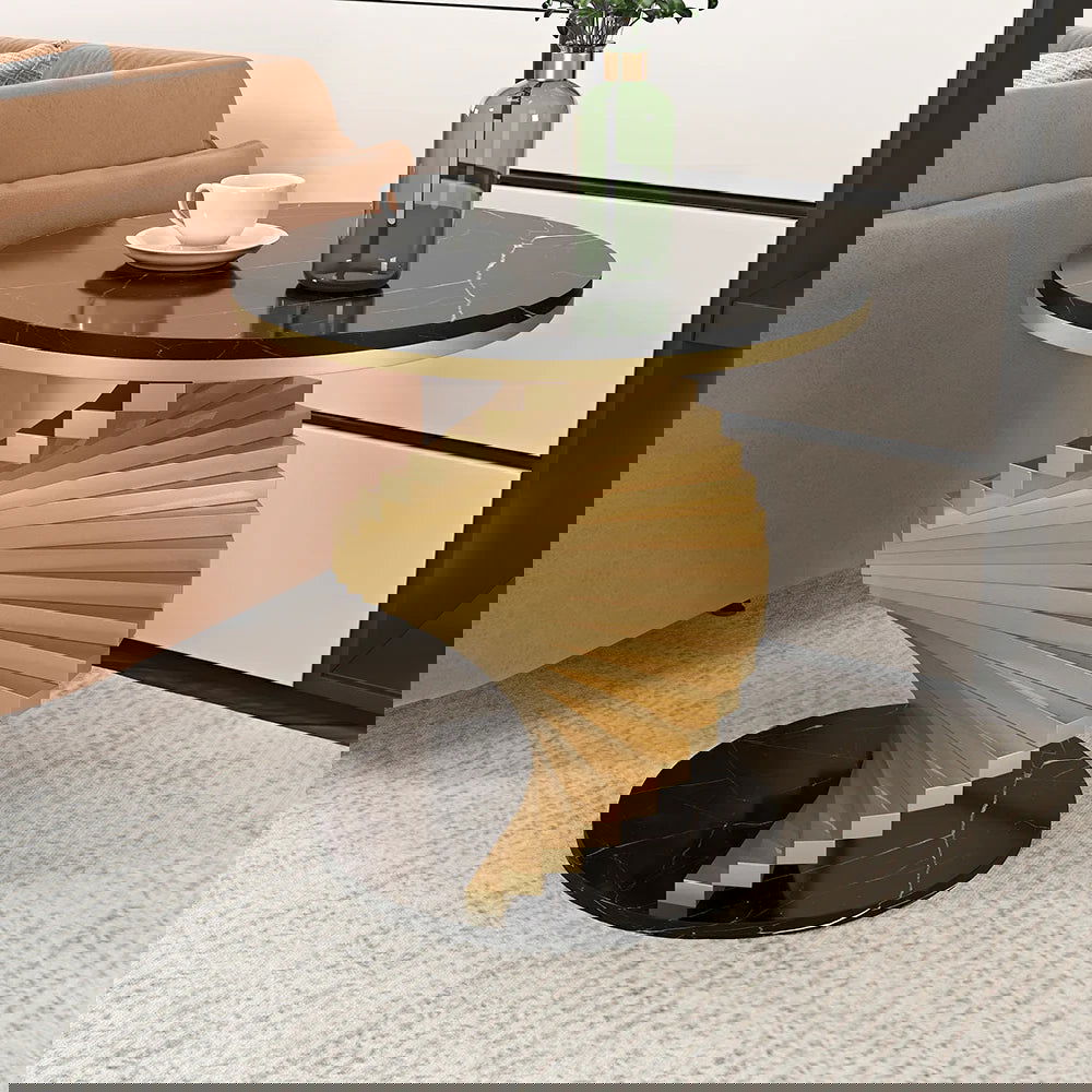 Modern Round Metal Black & Gold Side Table with Marble Tabletop End Table - 