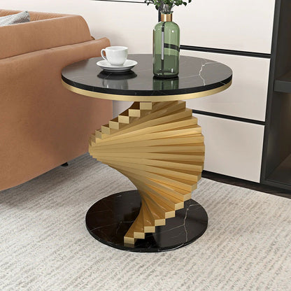 Modern Round Metal Black & Gold Side Table with Marble Tabletop End Table - 