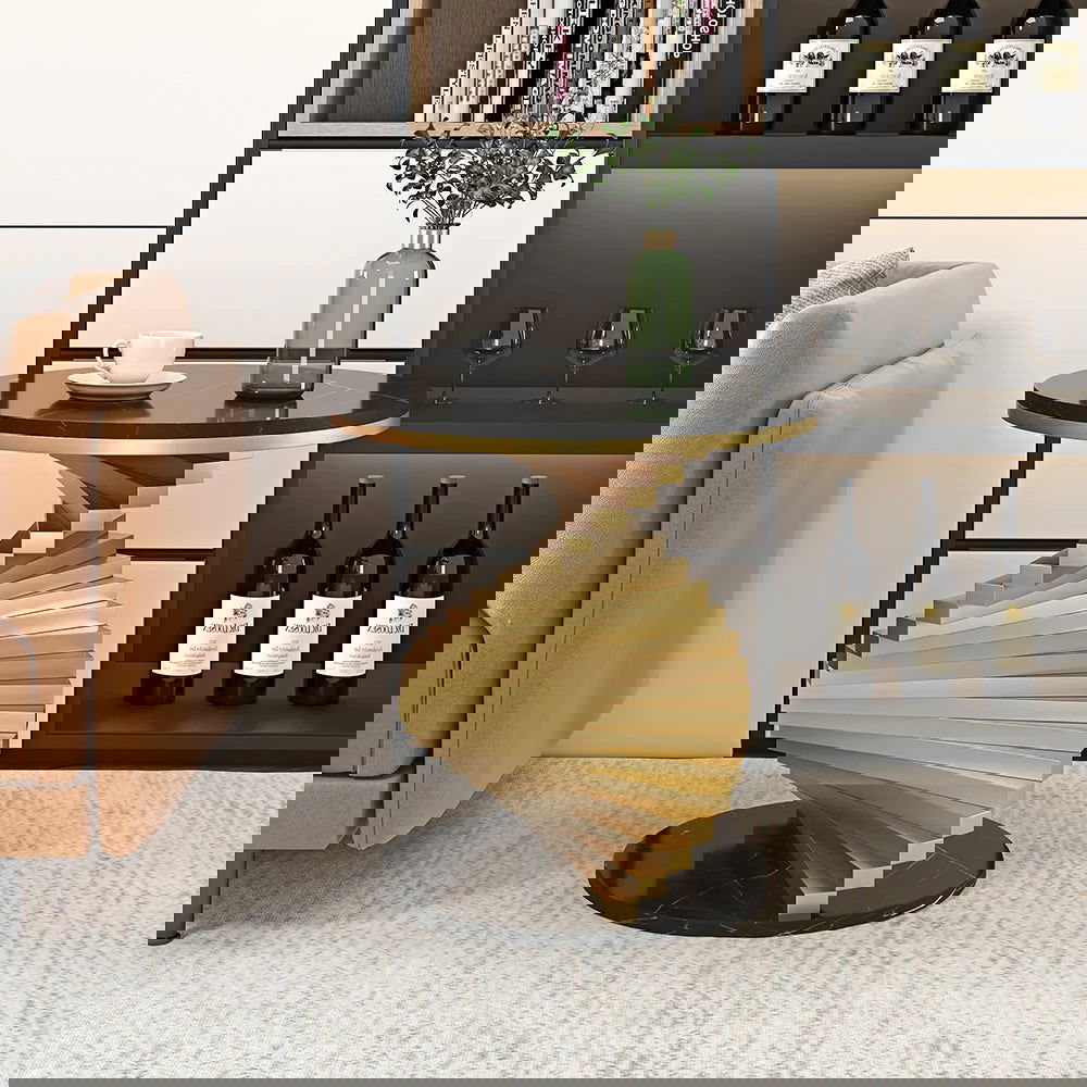 Modern Round Metal Black & Gold Side Table with Marble Tabletop End Table - 