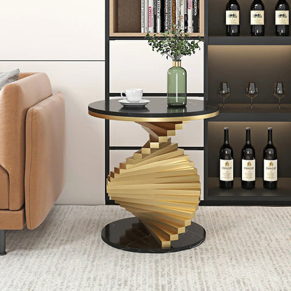 Modern Round Metal Black & Gold Side Table with Marble Tabletop End Table - 