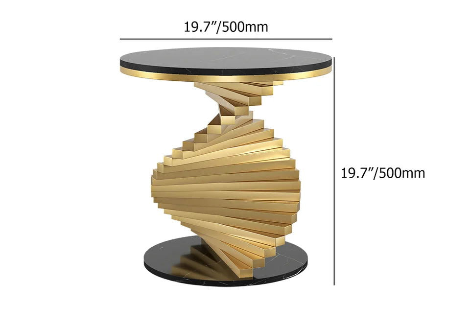 Modern Round Metal Black & Gold Side Table with Marble Tabletop End Table - 