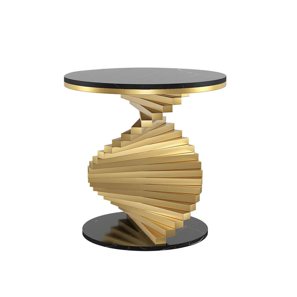 Modern Round Metal Black & Gold Side Table with Marble Tabletop End Table - 