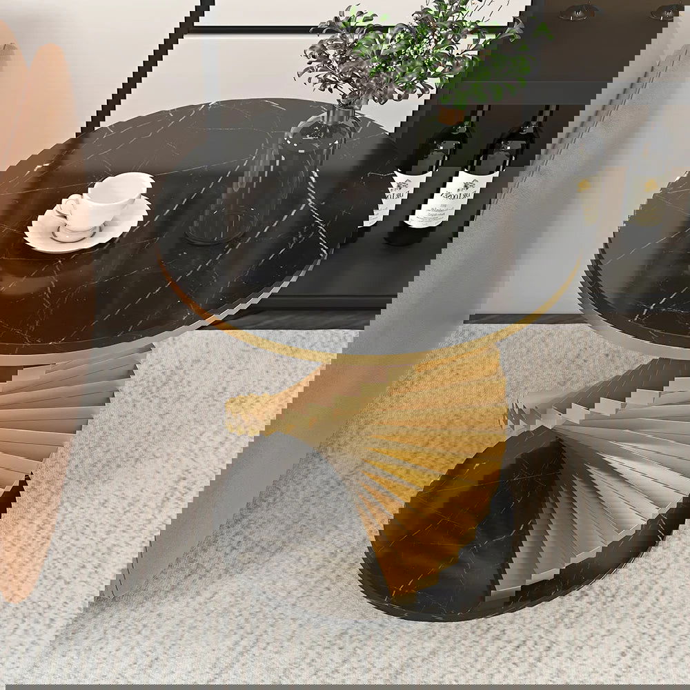 Modern Round Metal Black & Gold Side Table with Marble Tabletop End Table - 