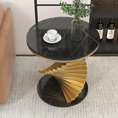 Modern Round Metal Black & Gold Side Table with Marble Tabletop End Table - 