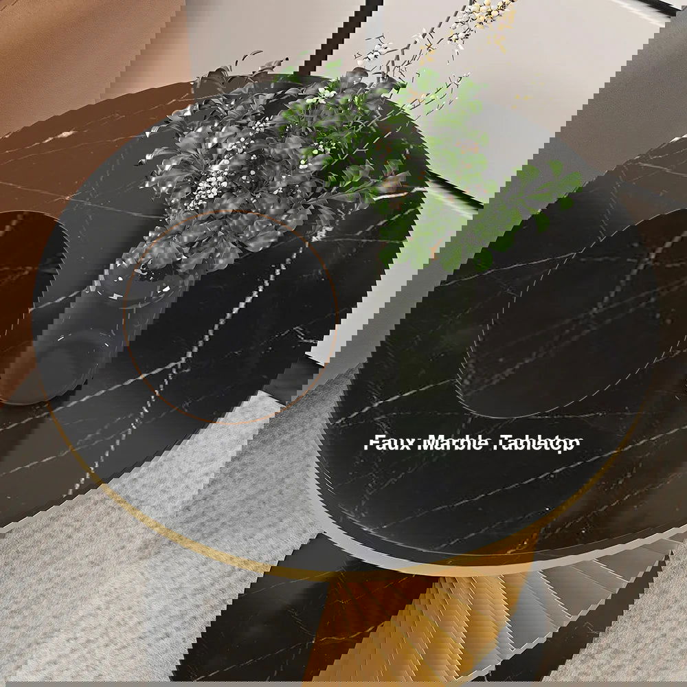 Modern Round Metal Black & Gold Side Table with Marble Tabletop End Table - 