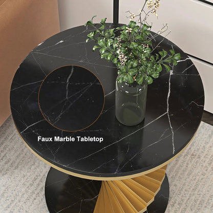 Modern Round Metal Black & Gold Side Table with Marble Tabletop End Table - 