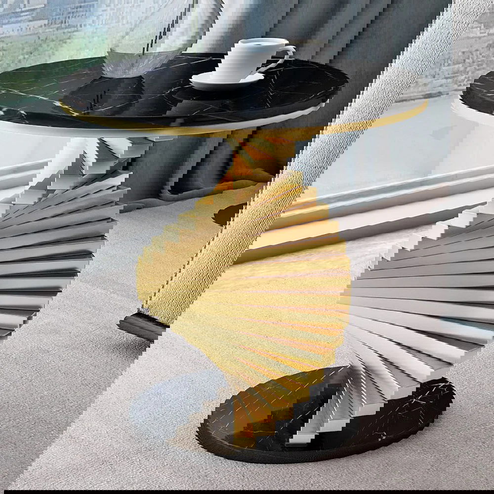 Modern Round Metal Black & Gold Side Table with Marble Tabletop End Table - Homary