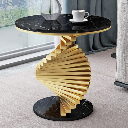 Modern Round Metal Black & Gold Side Table with Marble Tabletop End Table - Homary