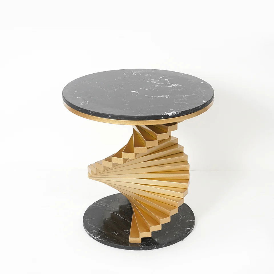Modern Round Metal Black & Gold Side Table with Marble Tabletop End Table - Homary