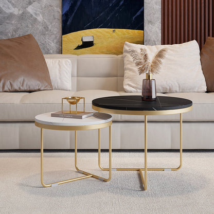 Modern Round Nesting Coffee Table Set 2-Piece Black and White Stone Top Gold Base - 