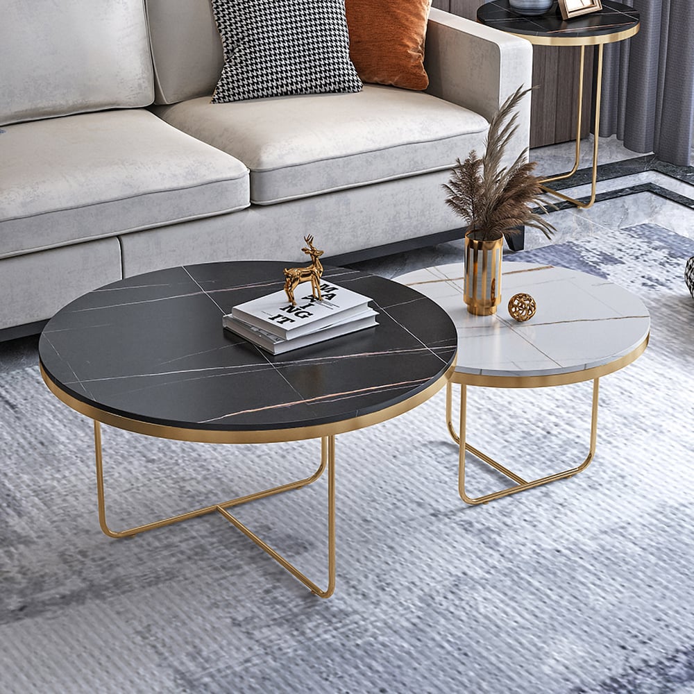 Modern Round Nesting Coffee Table Set 2-Piece Black and White Stone Top Gold Base - 