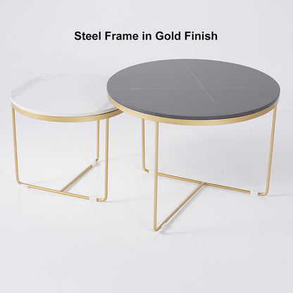 Modern Round Nesting Coffee Table Set 2-Piece Black and White Stone Top Gold Base - 
