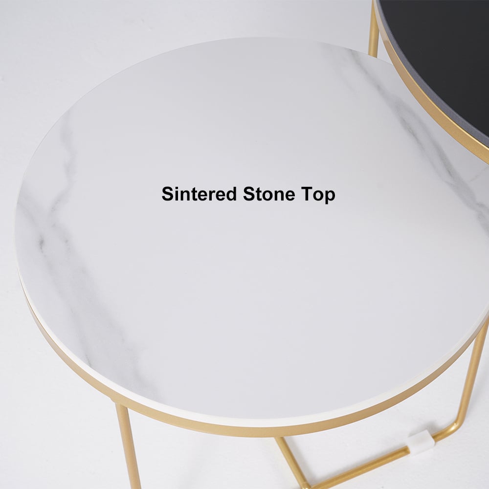 Modern Round Nesting Coffee Table Set 2-Piece Black and White Stone Top Gold Base - 