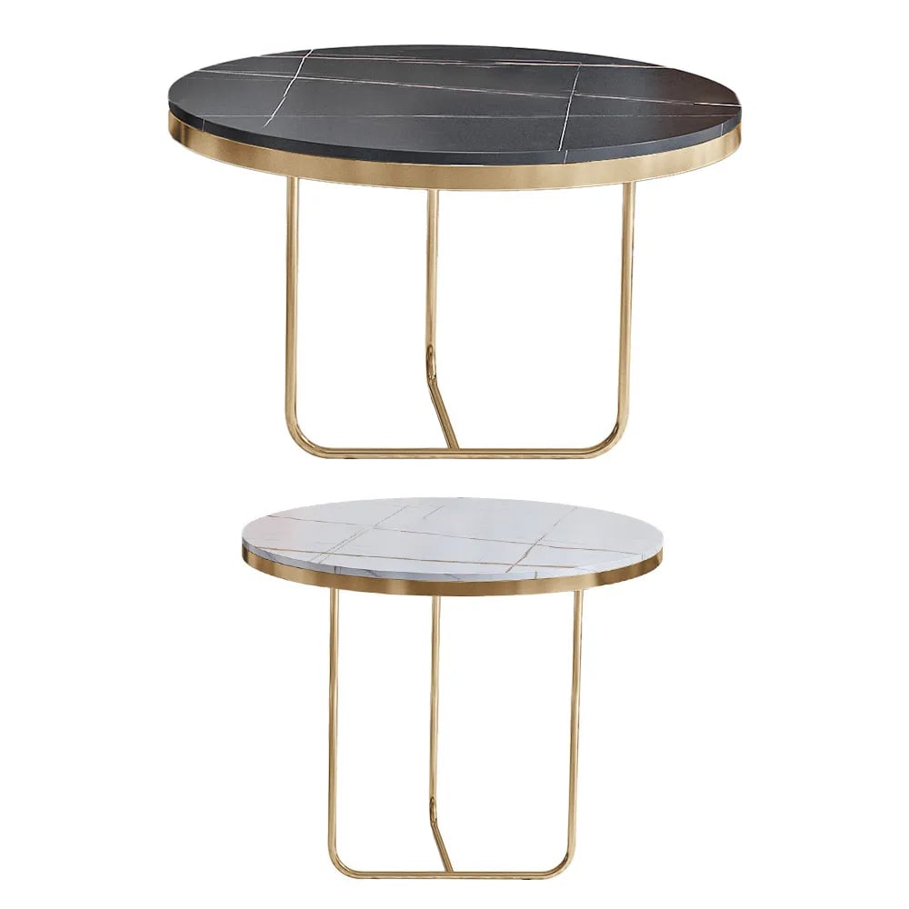 Modern Round Nesting Coffee Table Set 2-Piece Black and White Stone Top Gold Base - 