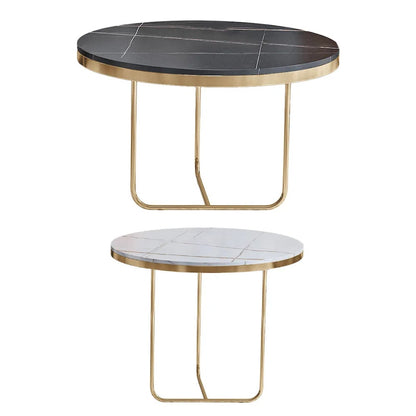 Modern Round Nesting Coffee Table Set 2-Piece Black and White Stone Top Gold Base - 