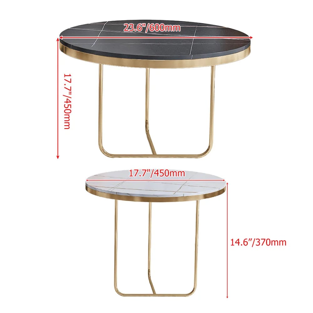 Modern Round Nesting Coffee Table Set 2-Piece Black and White Stone Top Gold Base - 