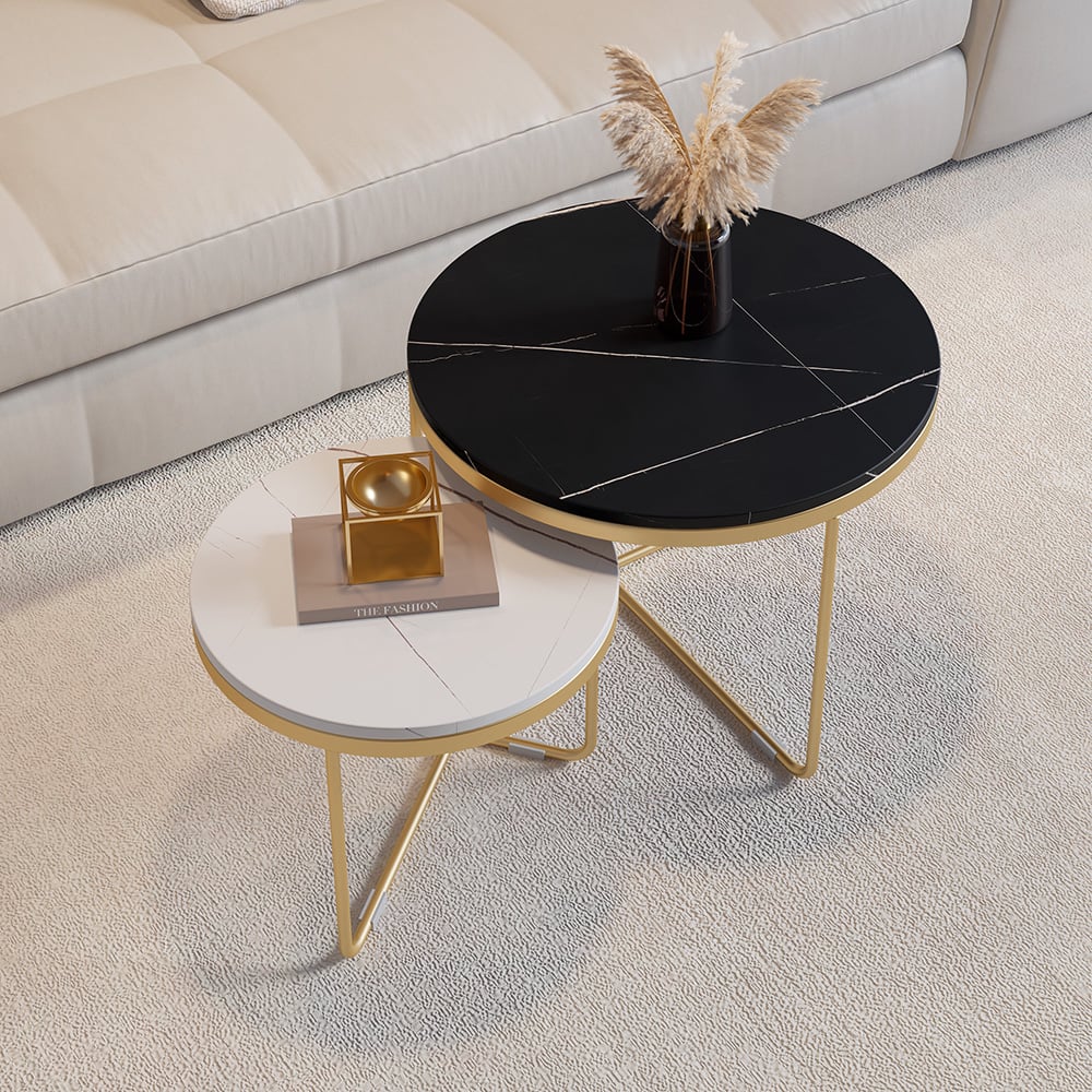 Modern Round Nesting Coffee Table Set 2-Piece Black and White Stone Top Gold Base - Homary