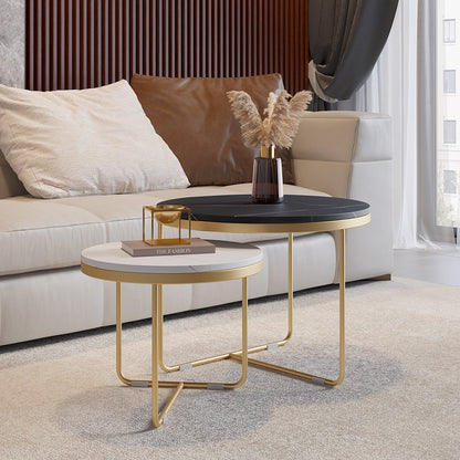 Modern Round Nesting Coffee Table Set 2-Piece Black and White Stone Top Gold Base - Homary