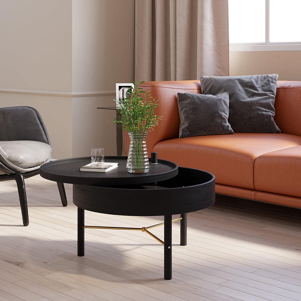 Modern Round Wood Rotating Tray Coffee Table with Storage & Metal Legs in Black - 