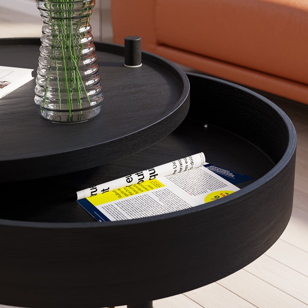 Modern Round Wood Rotating Tray Coffee Table with Storage & Metal Legs in Black - 