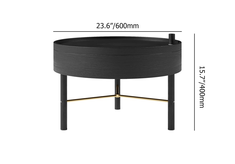 Modern Round Wood Rotating Tray Coffee Table with Storage & Metal Legs in Black - 