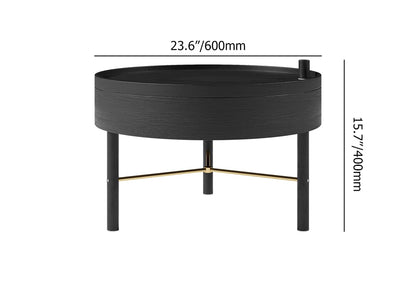 Modern Round Wood Rotating Tray Coffee Table with Storage & Metal Legs in Black - 