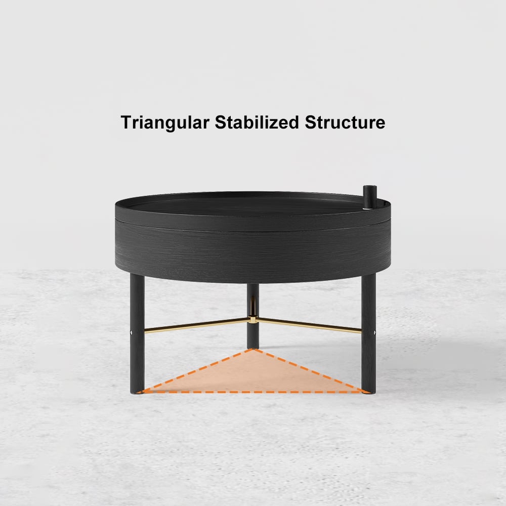 Modern Round Wood Rotating Tray Coffee Table with Storage & Metal Legs in Black - 