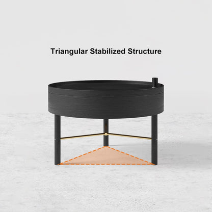 Modern Round Wood Rotating Tray Coffee Table with Storage & Metal Legs in Black - 