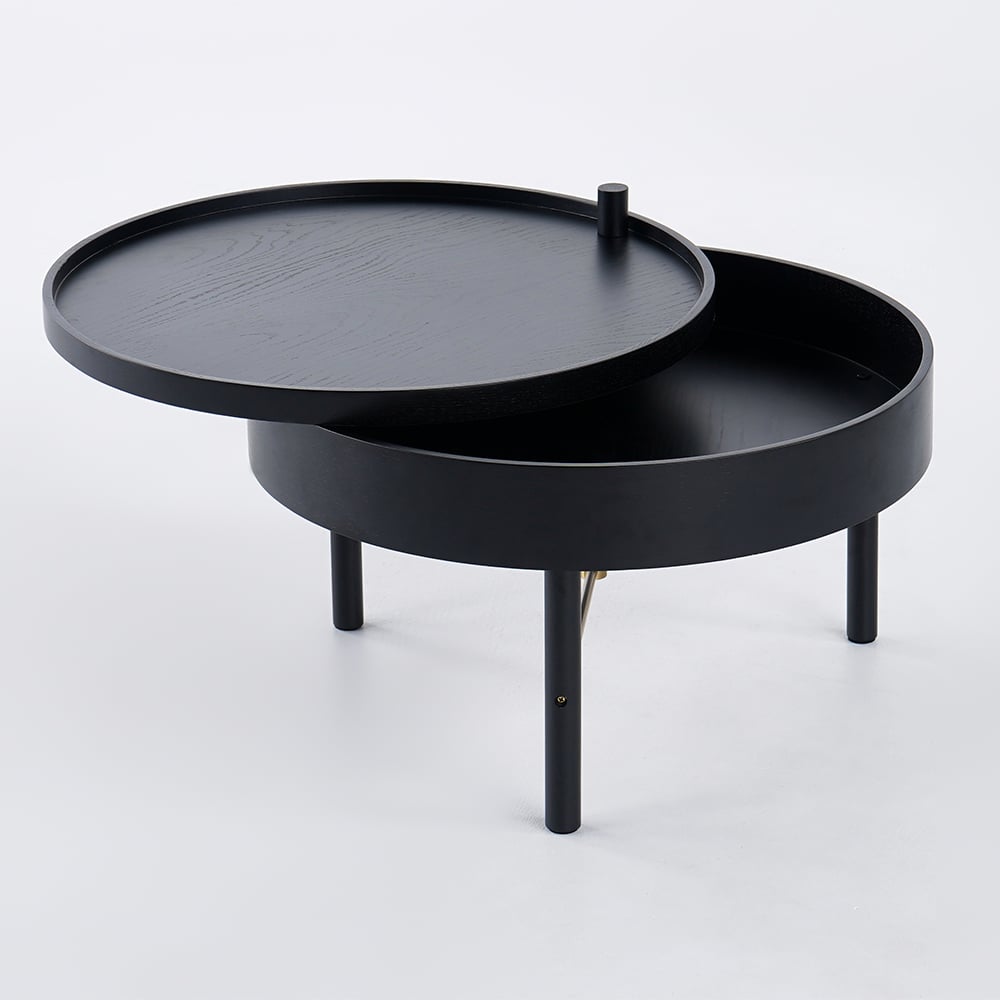 Modern Round Wood Rotating Tray Coffee Table with Storage & Metal Legs in Black - 